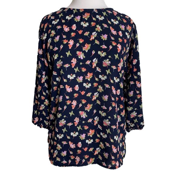 Mi Ami Womens Blouse Shirt Size XS Navy Blue Floral 3/4 Sleeves Button Back Top - Picture 1 of 7